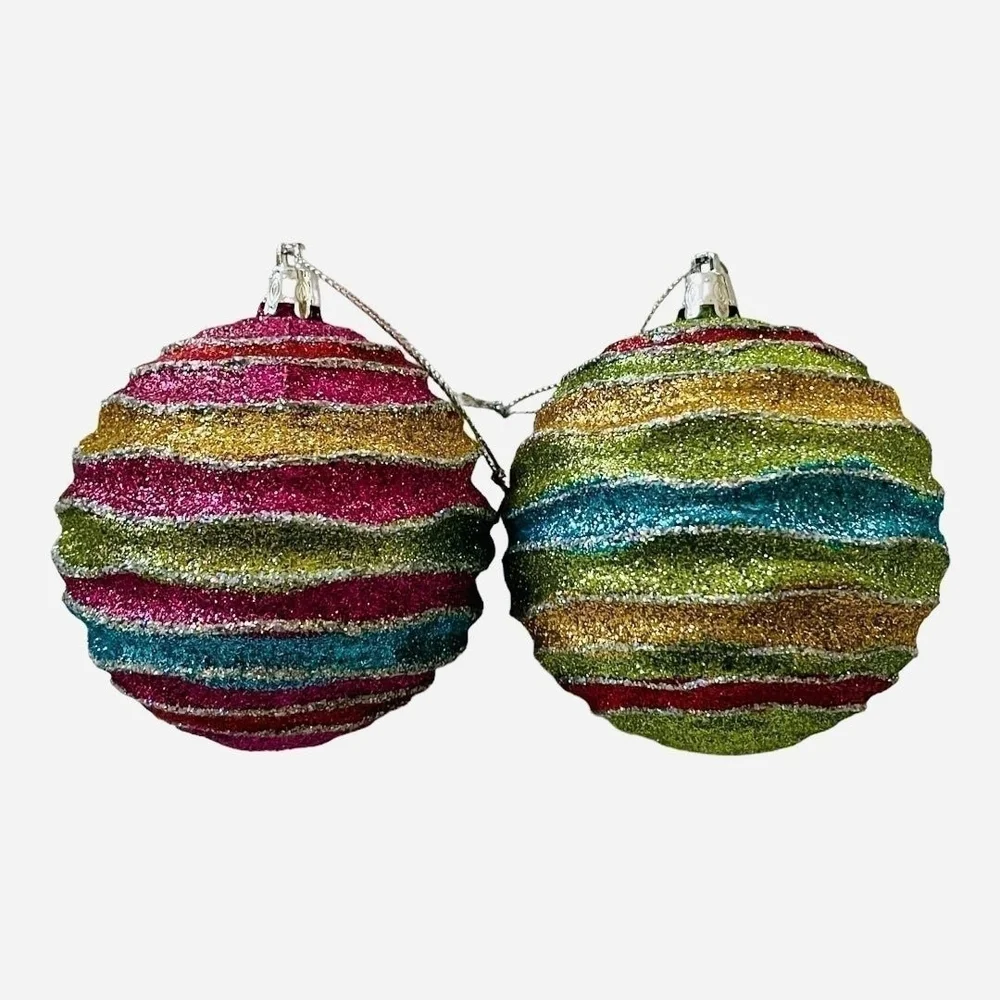 Pair Christmas Ball Ornaments Glitter Multicolor Horizontal Wave 4”